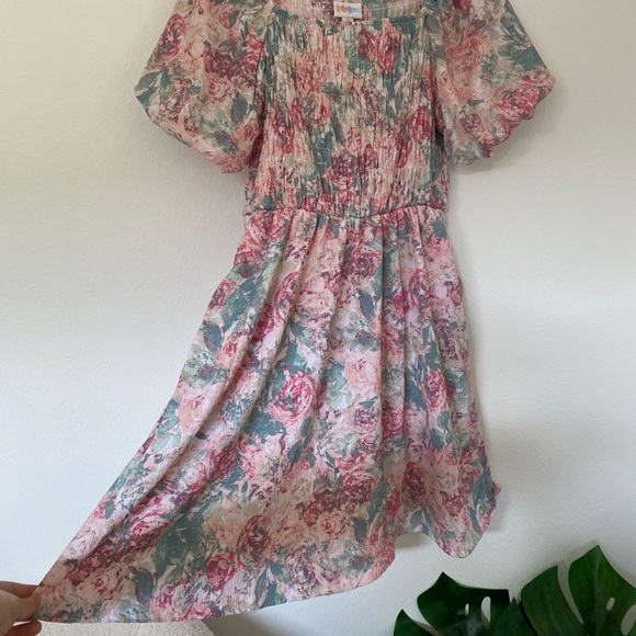 NWT LuLaRoe Alina Floral Smocked Puff Sleeve Nap Dress w Pockets | Pink Pastel - Picture 5 of 14
